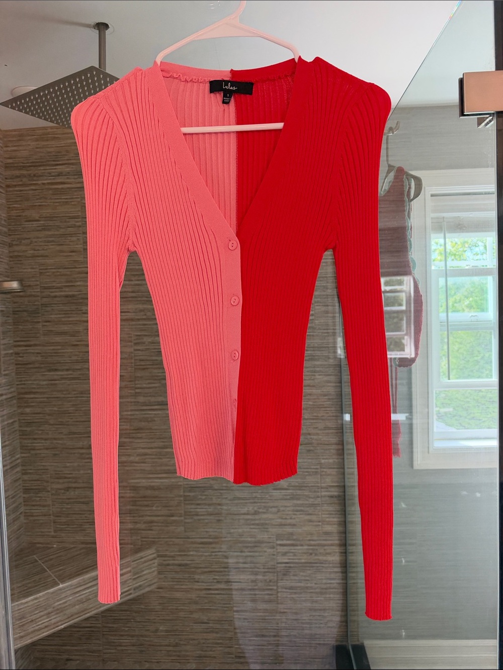 lululemon athletica Two-Tone Ribbed Button V-Neck Sweater - Coral Pink & Red